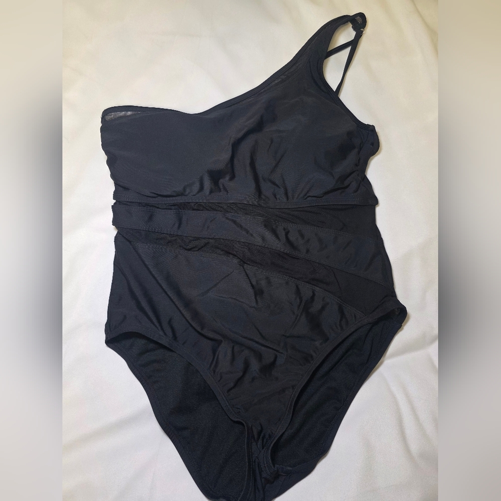 One Shoulder Mesh Swimsuit Bathing Suit W/Built in Cups by BCA- Size XL Black